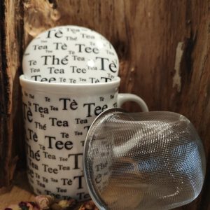 wit met tea bedrukking - Porselein Mok met Thee Infuser & Deksel