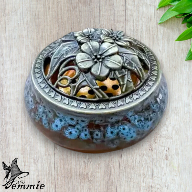 Keramische Wierookbrander met metalen deksel & inlay in diverse kleuren